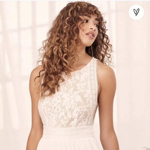 Lulu's ivory nude lace chiffon maxi dress medium *D4 - Picture 3 of 12